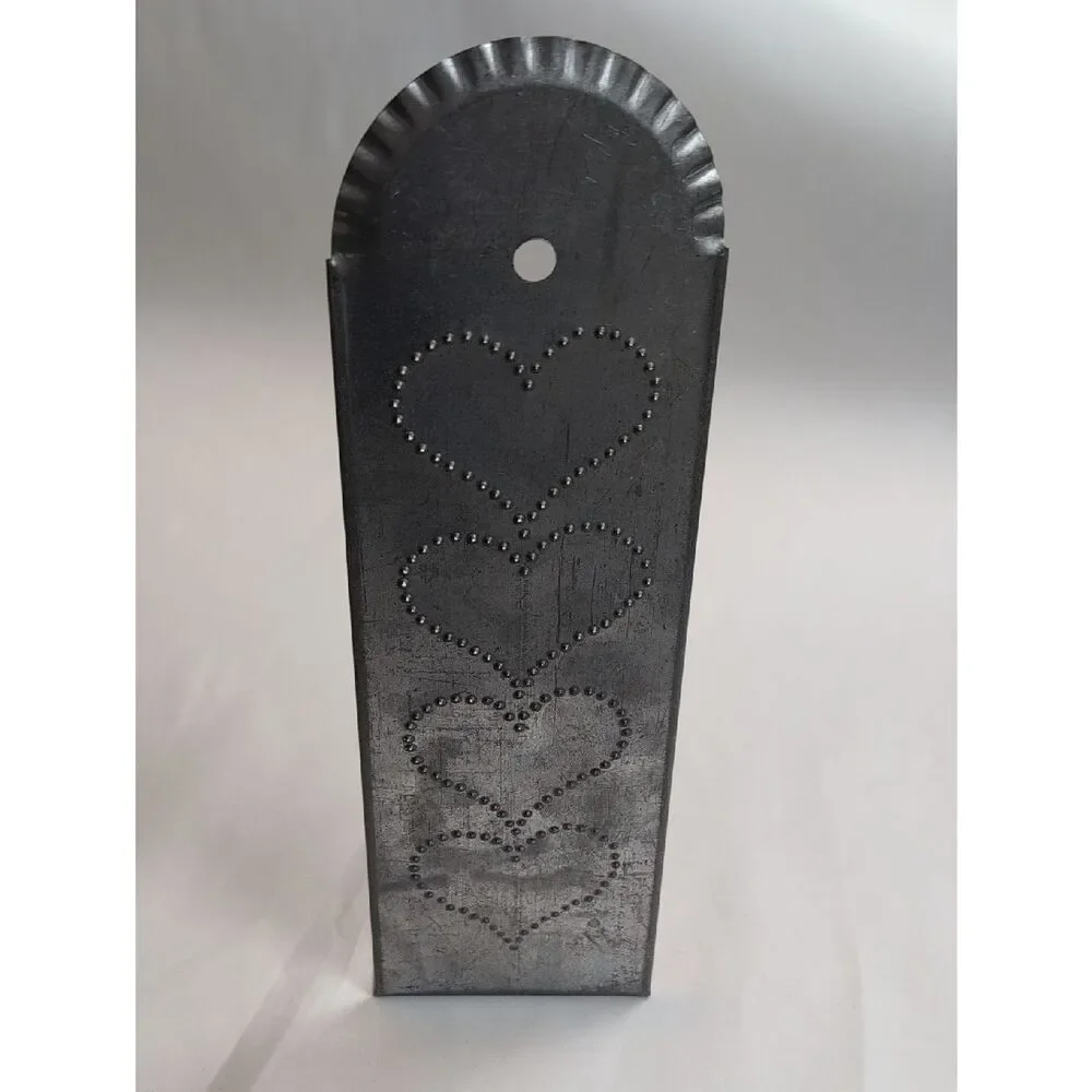 Vintage Handcrafted Gray Metal Punched Tin Hearts Wall Candle Sconce